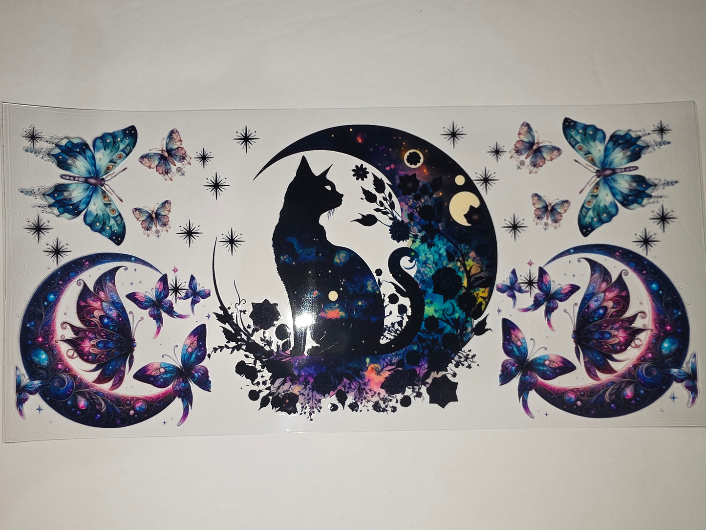 Celestial Black Cat Moon Butterfly Tumbler Wrap - Cosmic Galaxy Design