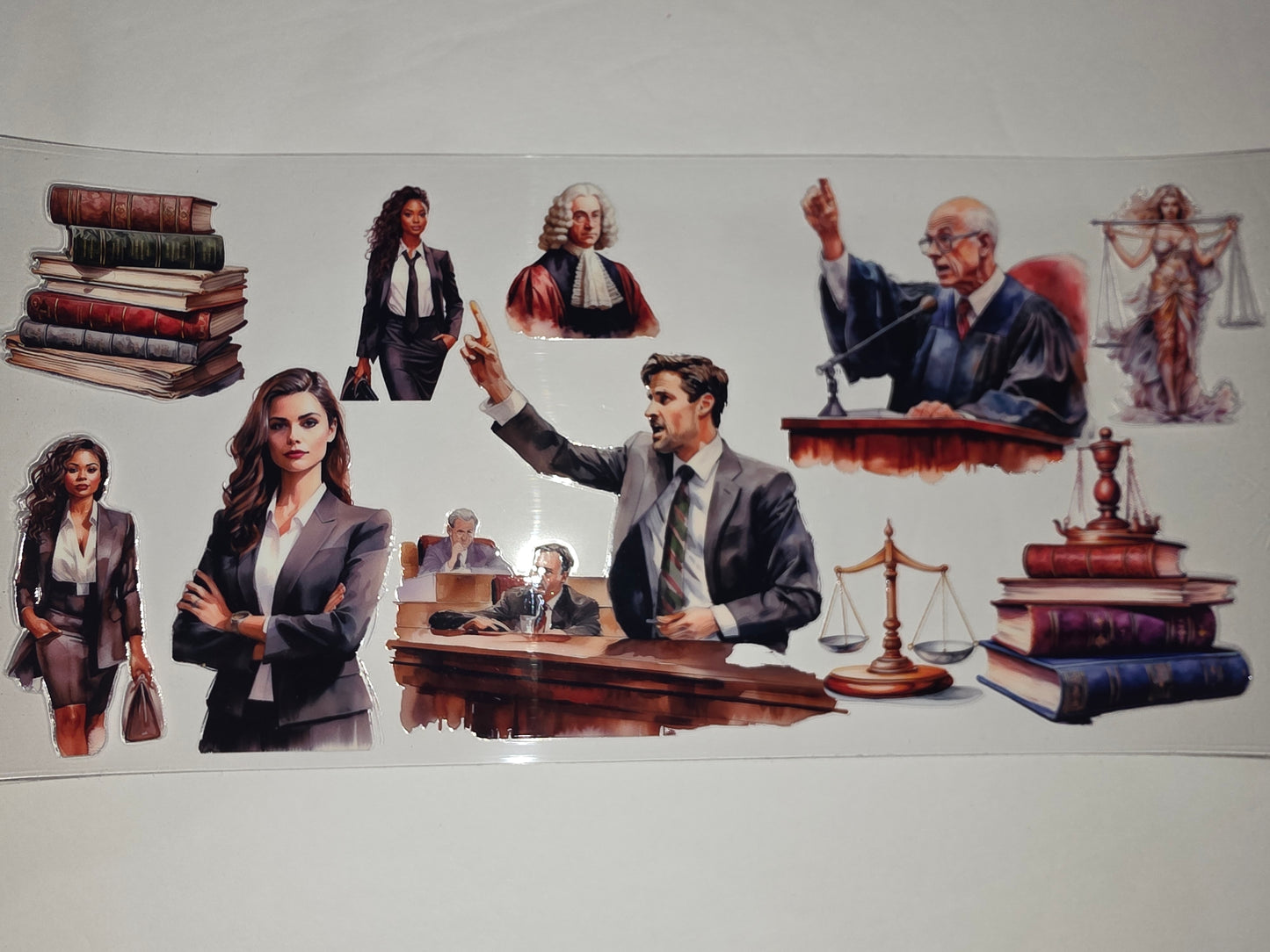 Lawyer & Judge Tumbler Wraps | Courtroom Scene & Books Design | Legal Professional Drinkware