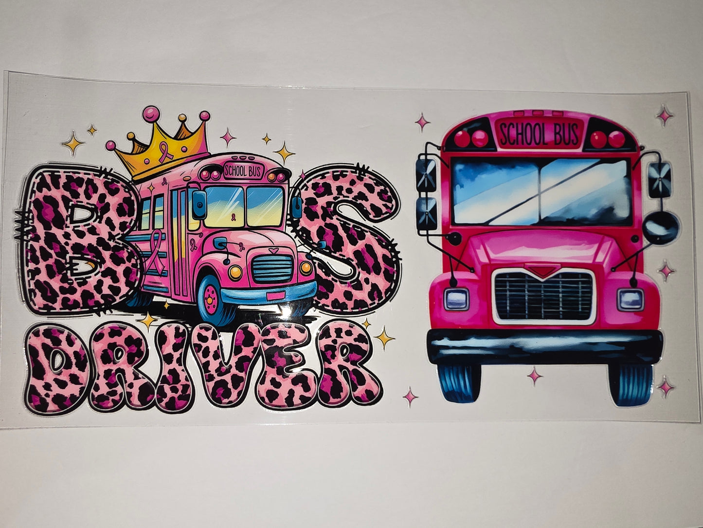 Pink Leopard "Boss Driver" School Bus Crown Tumbler Wrap | Sublimation Design