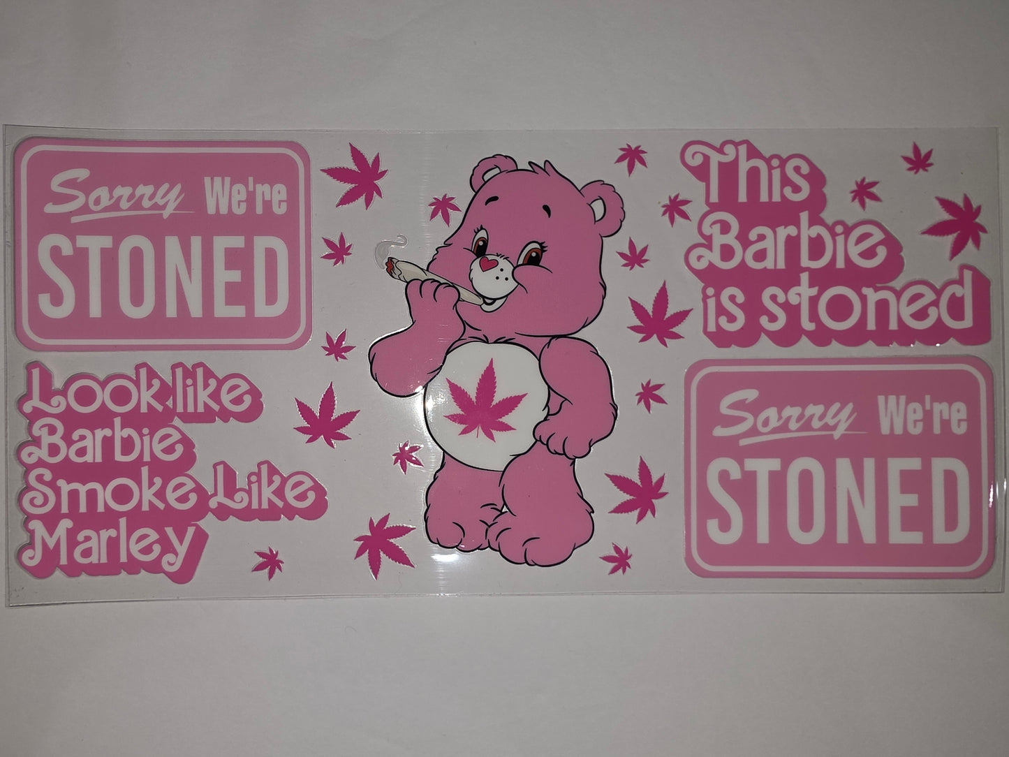 Pink Stoned Bear & Barbie Tumbler Wrap | Weed Leaf Design | Funny Drinkware Decal