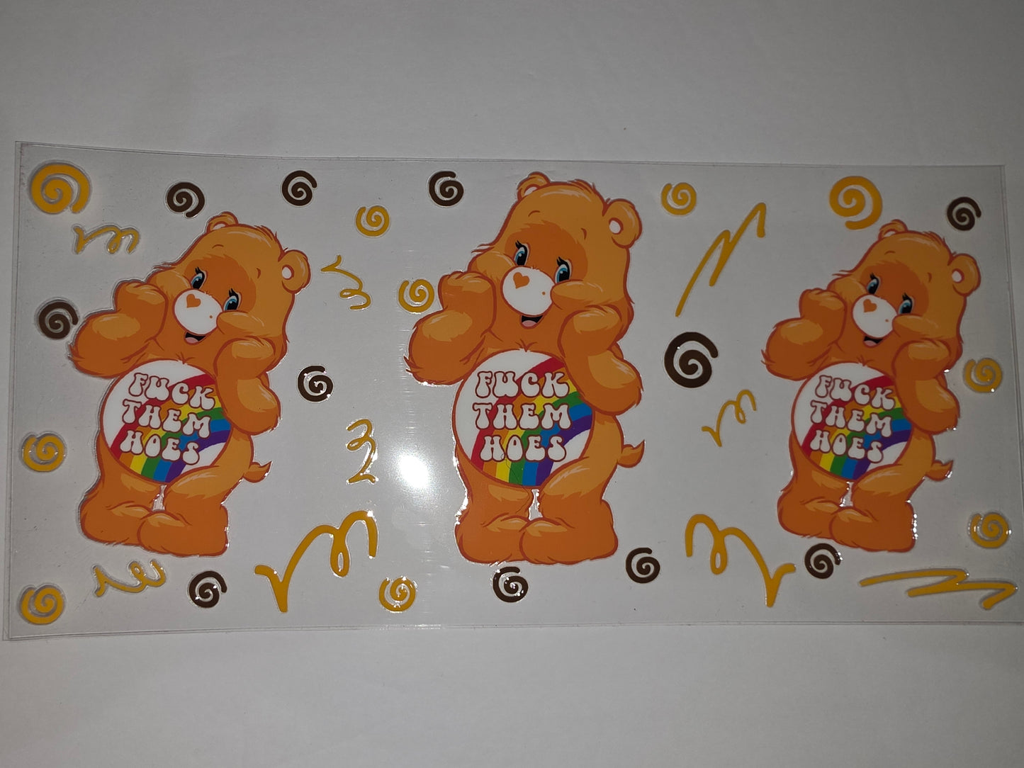Orange Bear "Fuck Them Hoes" Rainbow Heart Tumbler Wrap | Cute Retro Drinkware Decal