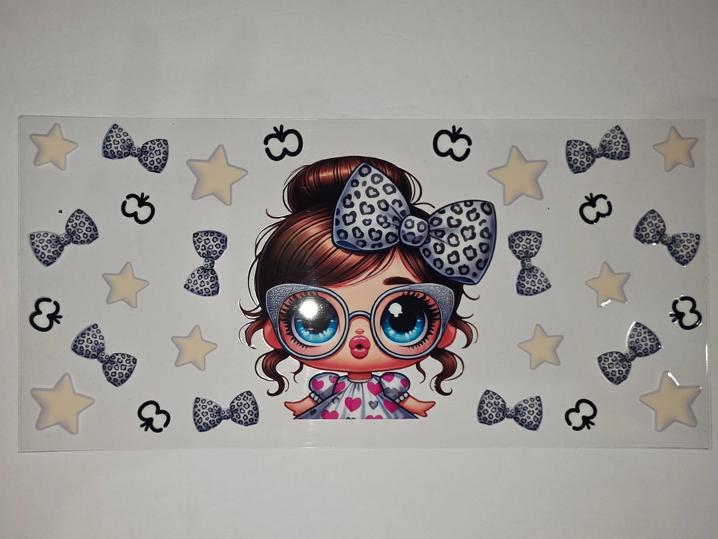 Cute Girl with Leopard Bow Tumbler Wrap - Pink Hearts & Stars Design