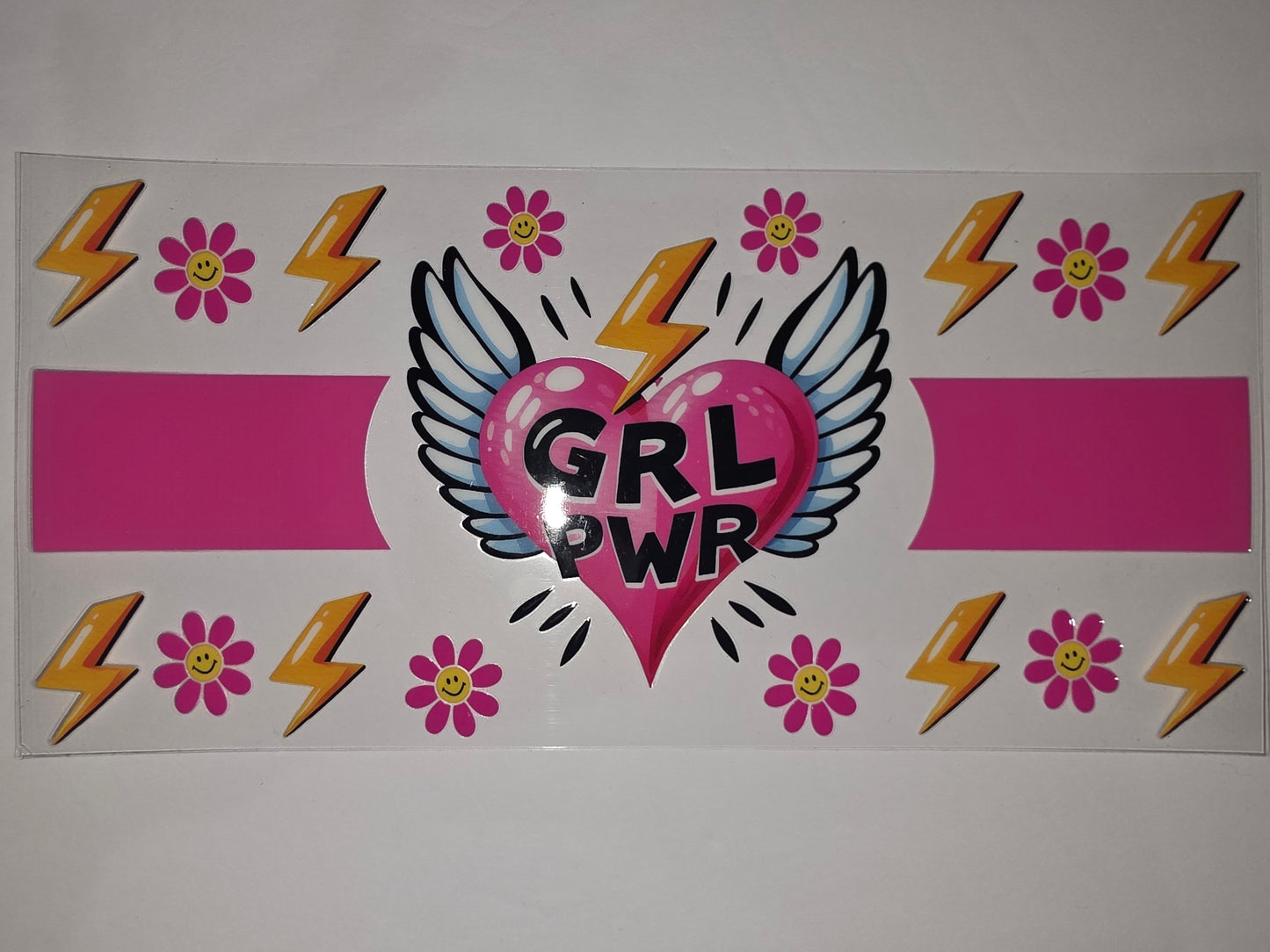 Pink "GRL PWR" Heart Wings Tumbler Wrap | Lightning Bolt & Smiley Flower Design