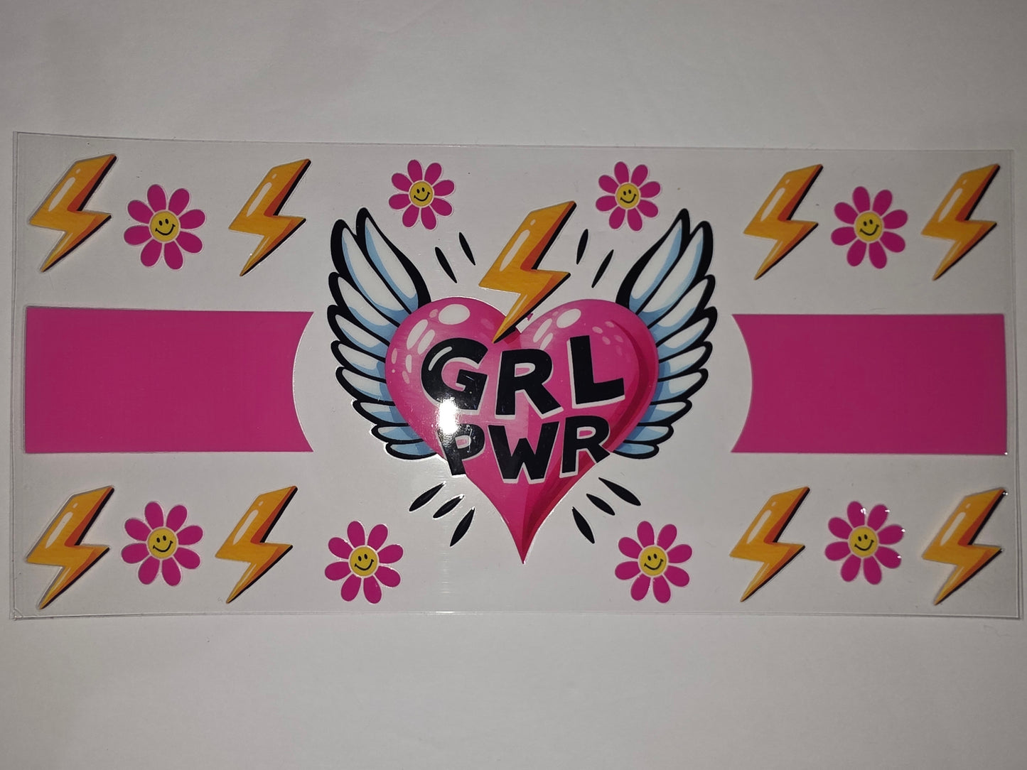 GRL PWR Heart Wings Tumbler Wrap - Pink, Yellow, Blue Lightning Bolts & Flowers