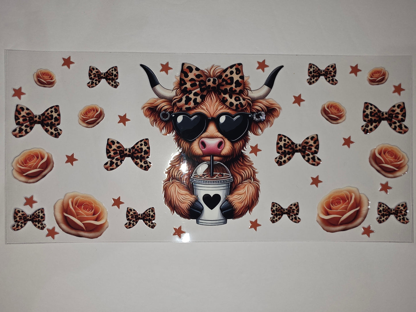 Highland Cow Tumbler Wrap - Leopard Bow, Heart Sunglasses, Roses & Stars Design