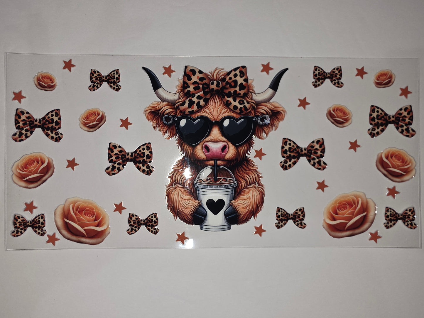 Cute Highland Cow Tumbler Wrap - Leopard Bow, Roses & Stars Design