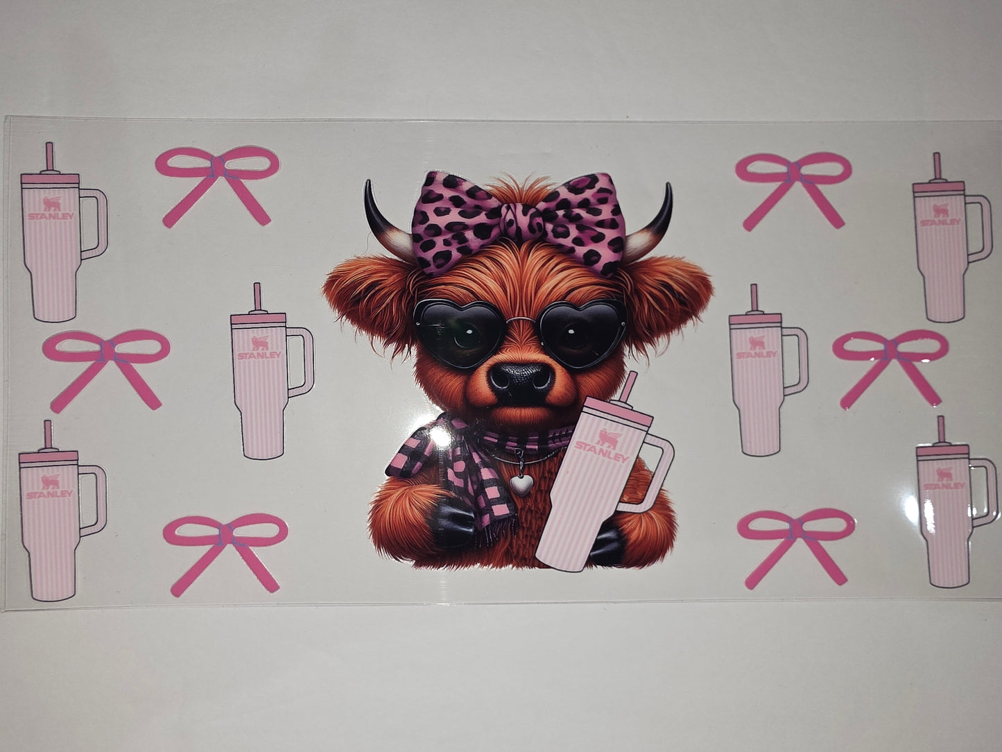 Cute Highland Cow Tumbler Wrap | Pink Stripes & Leopard Bow | Heart Sunglasses Drinkware Design