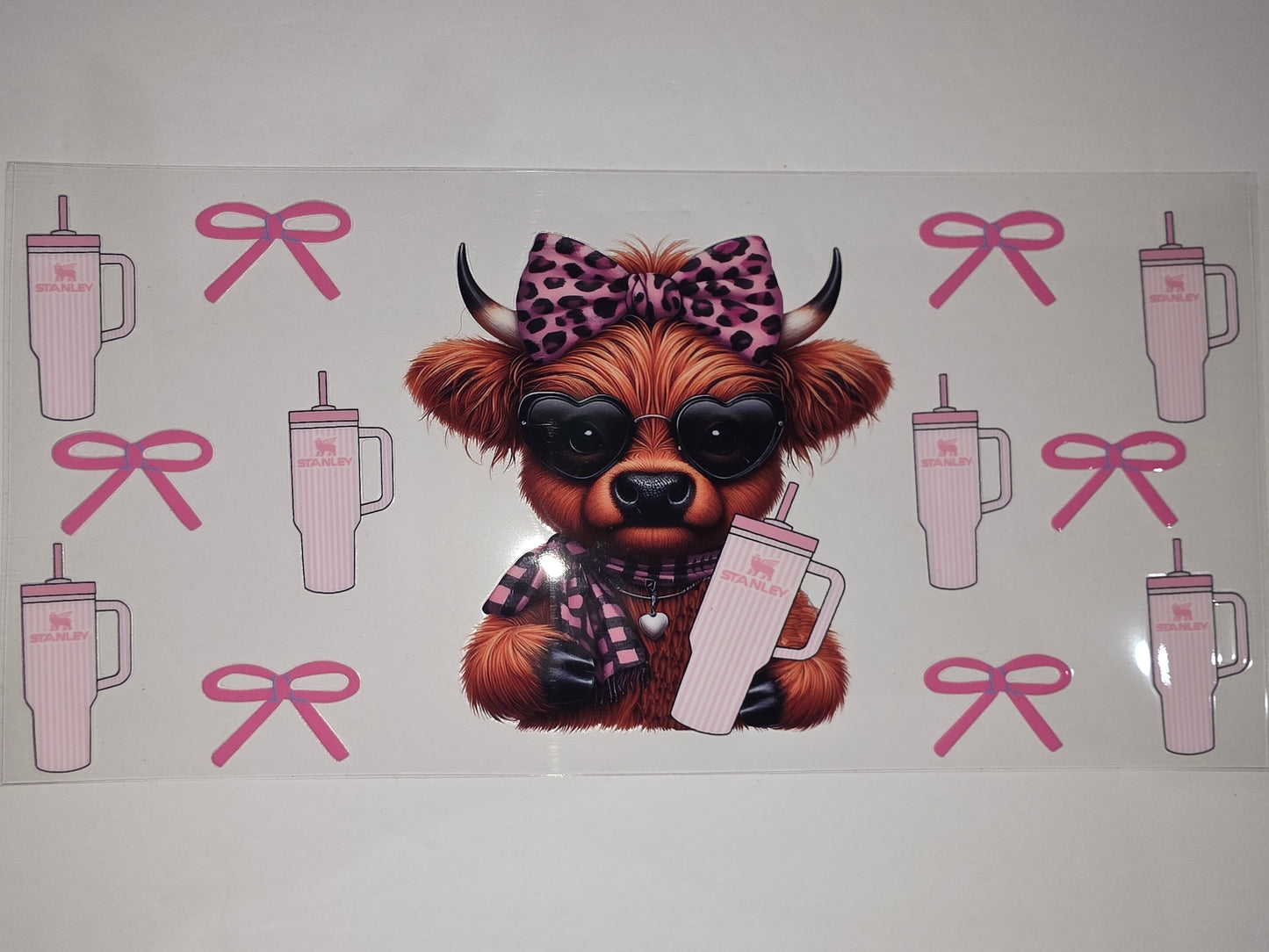 Cute Highland Cow Tumbler Wrap - Pink Leopard Bow & Heart Sunglasses - Sublimation Design