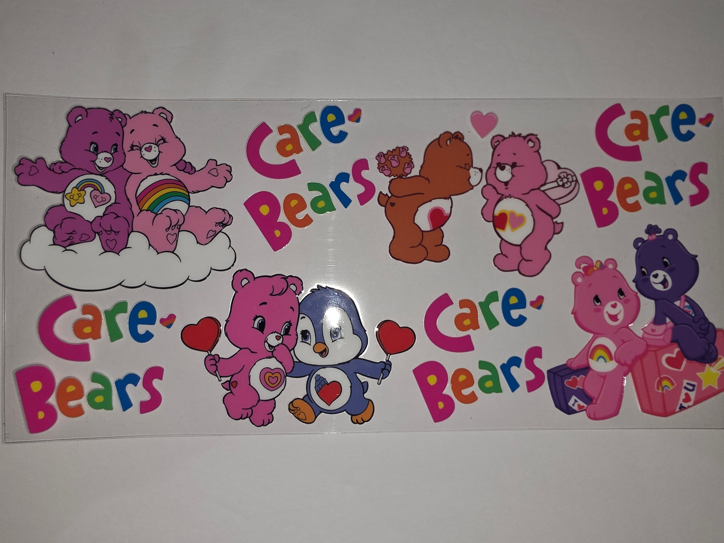 Care Bears Tumbler Wrap - Pink, Purple, Brown Bears & Penguin - Rainbow & Heart Designs