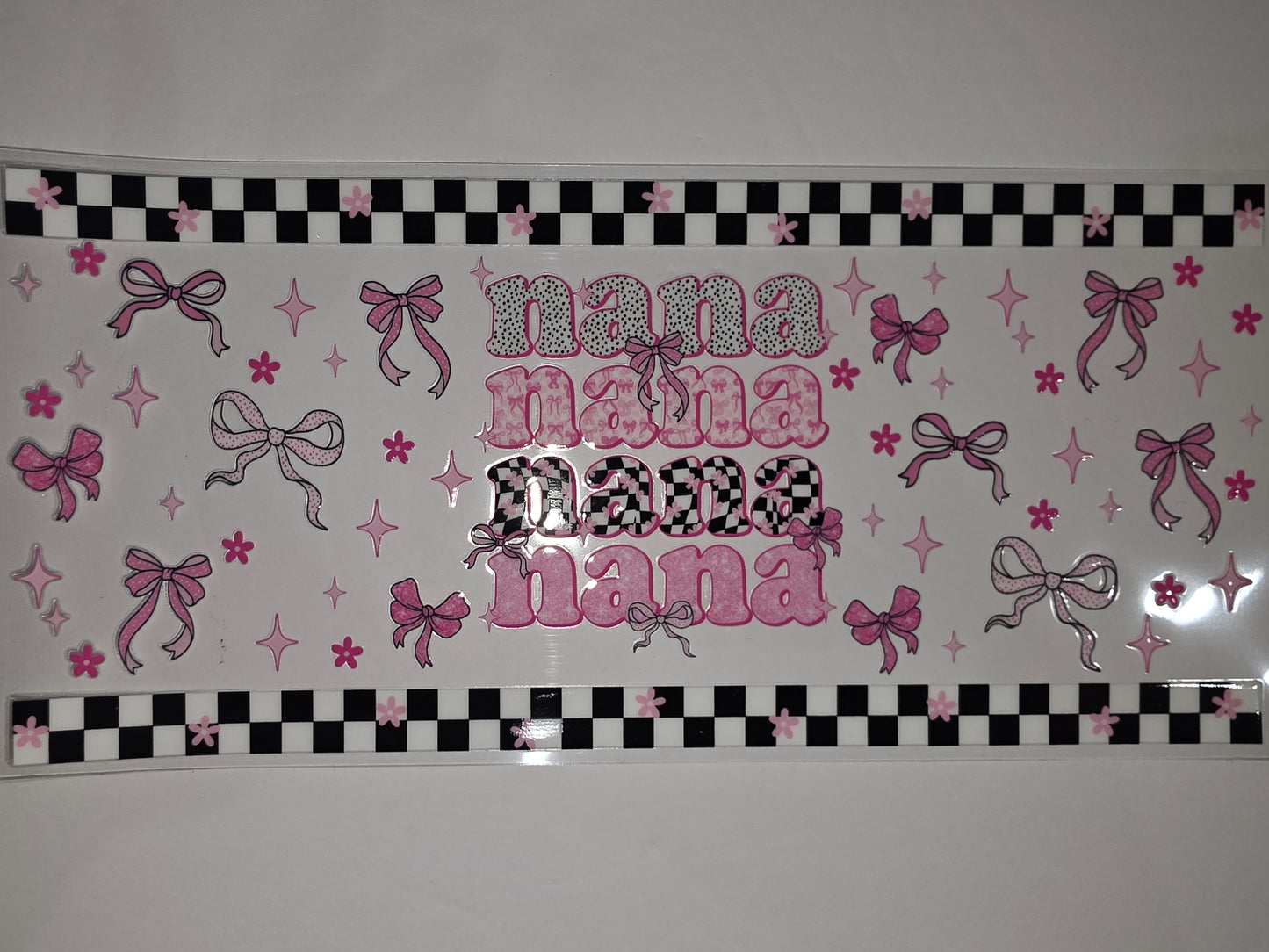Pink Nana Tumbler Wrap - Bows, Flowers, Stars & Checkerboard Design