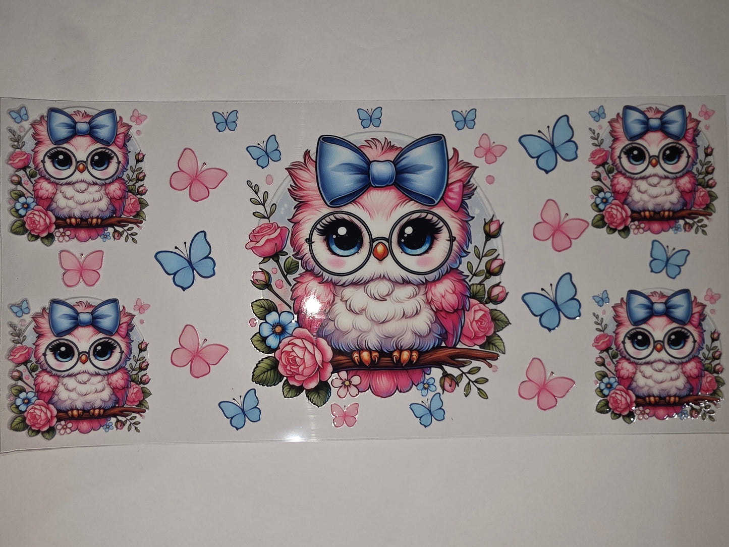 Cute Pink Owl with Blue Bow Tumbler Wrap - Floral Butterfly Design