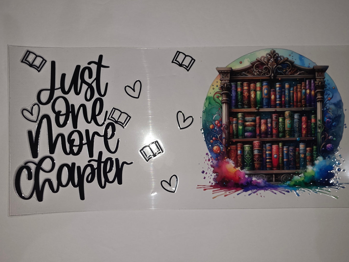 Just One More Chapter Book Lover Tumbler Wrap | Watercolor Bookshelf & Hearts