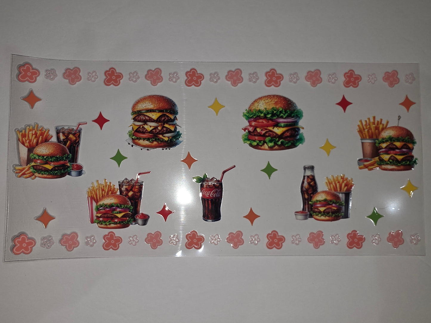 Retro Fast Food Burger & Fries Tumbler Wrap | Vintage Soda & Flower Accents