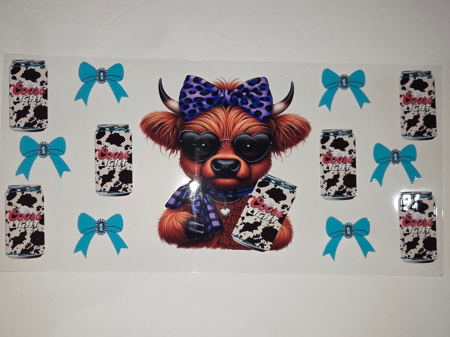 Cute Highland Cow Tumbler Wrap with Coors Light Cans & Blue Bows - Fun Drinkware Design