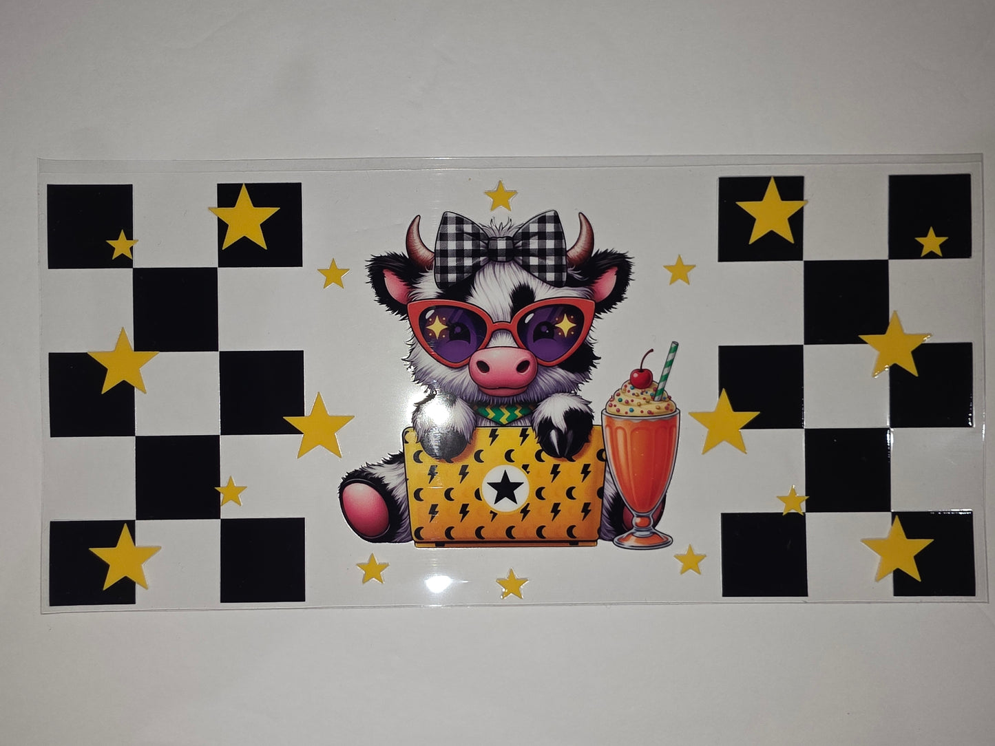 Cute Cow with Sunglasses & Milkshake Tumbler Wrap - Black & White Checkered Stars Design
