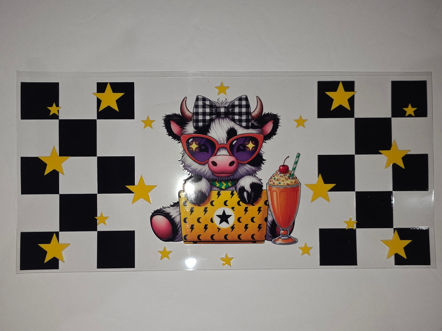 Cute Cow with Sunglasses & Milkshake Tumbler Wrap | Black & White Checkered Stars Design