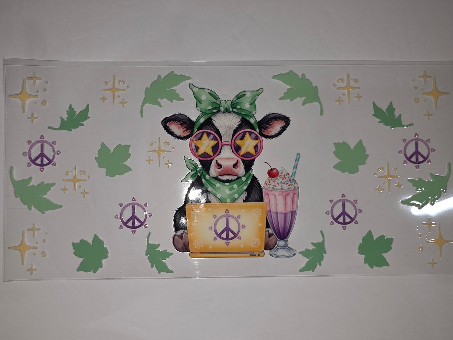 Groovy Cow Laptop Peace Sign Tumbler Wrap - Retro Boho Style Drinkware Design