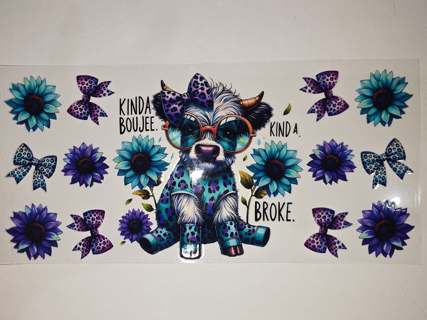 Boujee Cow Tumbler Wrap with Blue & Purple Sunflowers and Leopard Bows