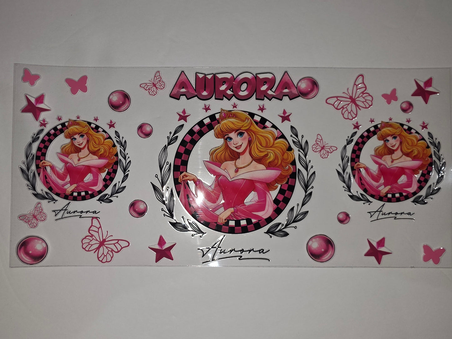 Aurora Princess Tumbler Wrap - Pink & Black Fairytale Design with Butterflies & Stars