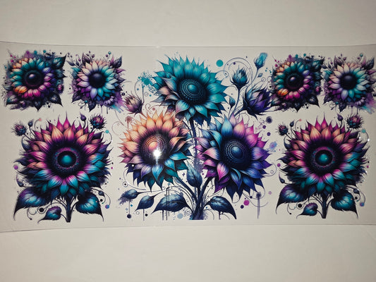 Vibrant Watercolor Sunflowers Tumbler Wrap | Teal, Purple, Pink Floral Design