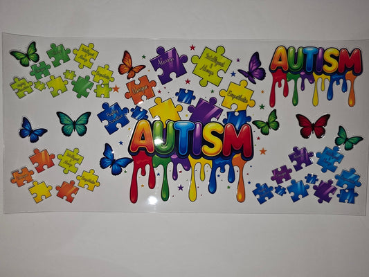 Autism Awareness Rainbow Drip Tumbler Wrap with Butterflies & Puzzle Pieces