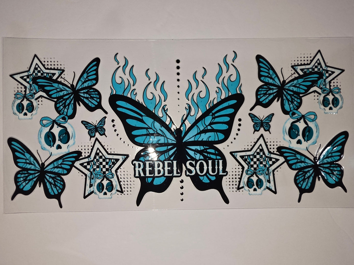 Blue Flame Butterfly Skull Tumbler Wrap | Rebel Soul Design | Edgy Drinkware Decal