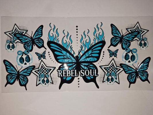 Blue Flame Butterfly Skull Tumbler Wrap | Rebel Soul Design | Edgy Drinkware Decal