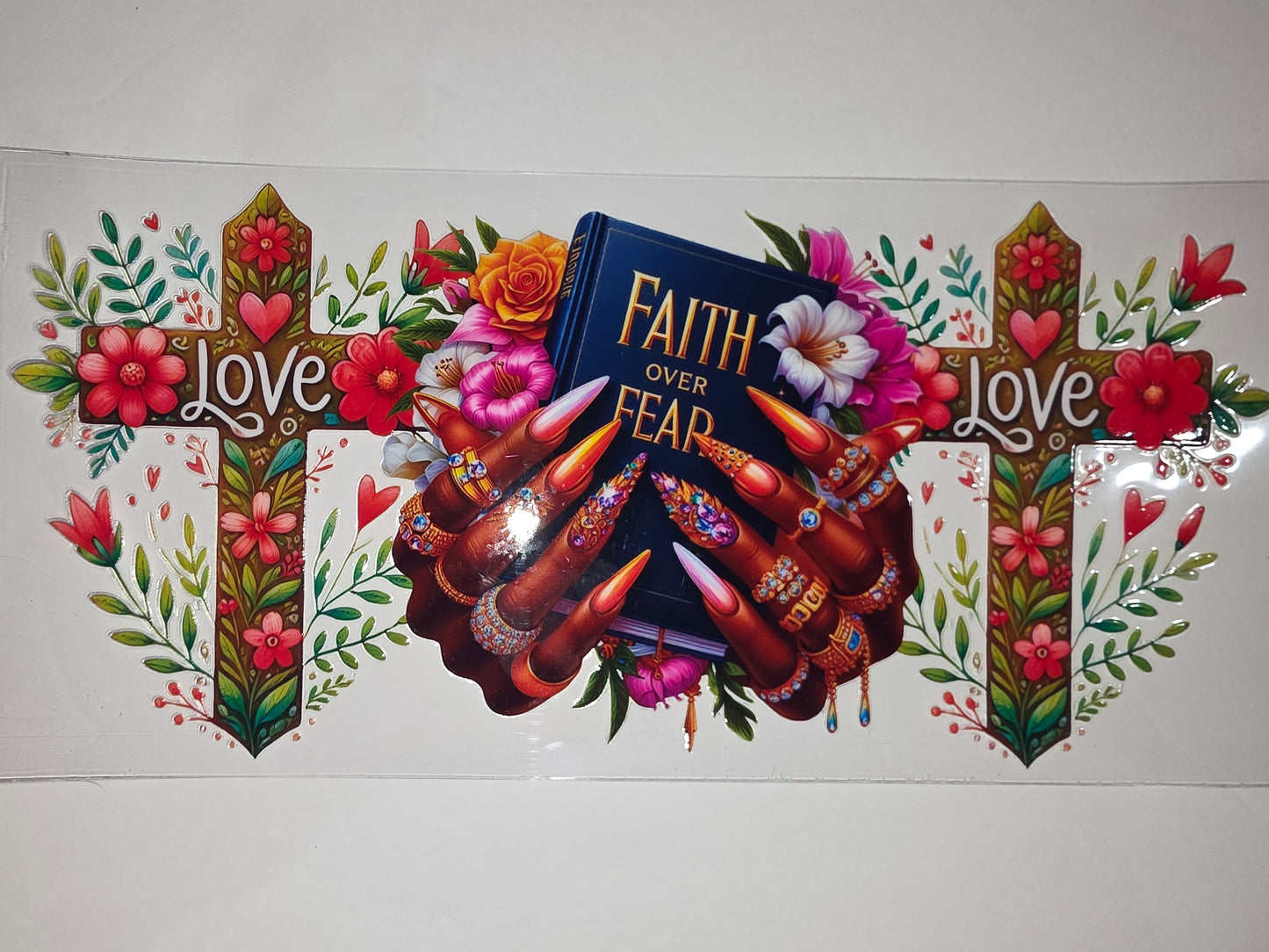 Faith Over Fear Bible Tumbler Wrap | Floral Cross Design | Christian Drinkware