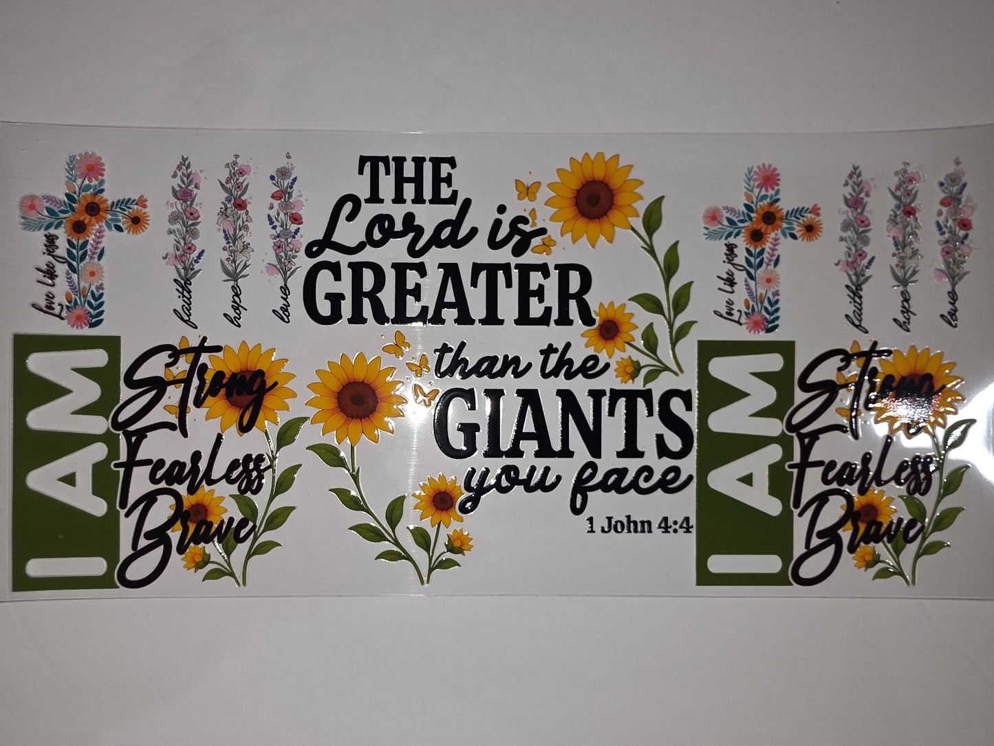 Sunflower & Cross "I Am Strong Fearless Brave" Christian Tumbler Wrap | Faith Hope Love