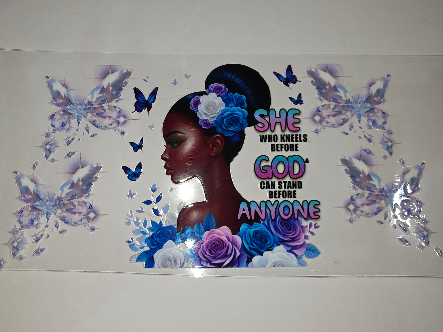 Empowering Black Woman Tumbler Wrap | "She Who Kneels Before God" | Blue & Purple Floral Butterfly Design