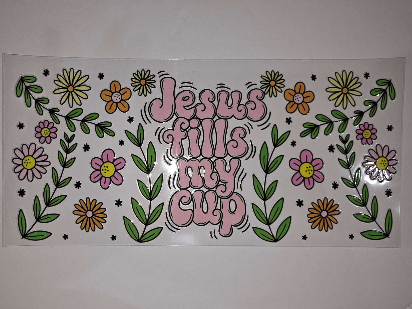 Retro Floral "Jesus Fills My Cup" Tumbler Wrap | Pink, Yellow, Orange Flowers | Christian Drinkware Decal