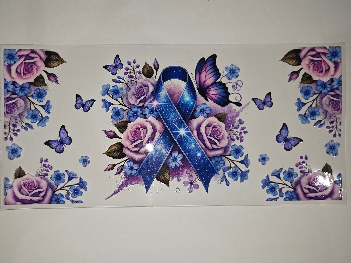 Sparkling Blue Ribbon Rose Butterfly Tumbler Wrap | Floral Awareness Cup Design