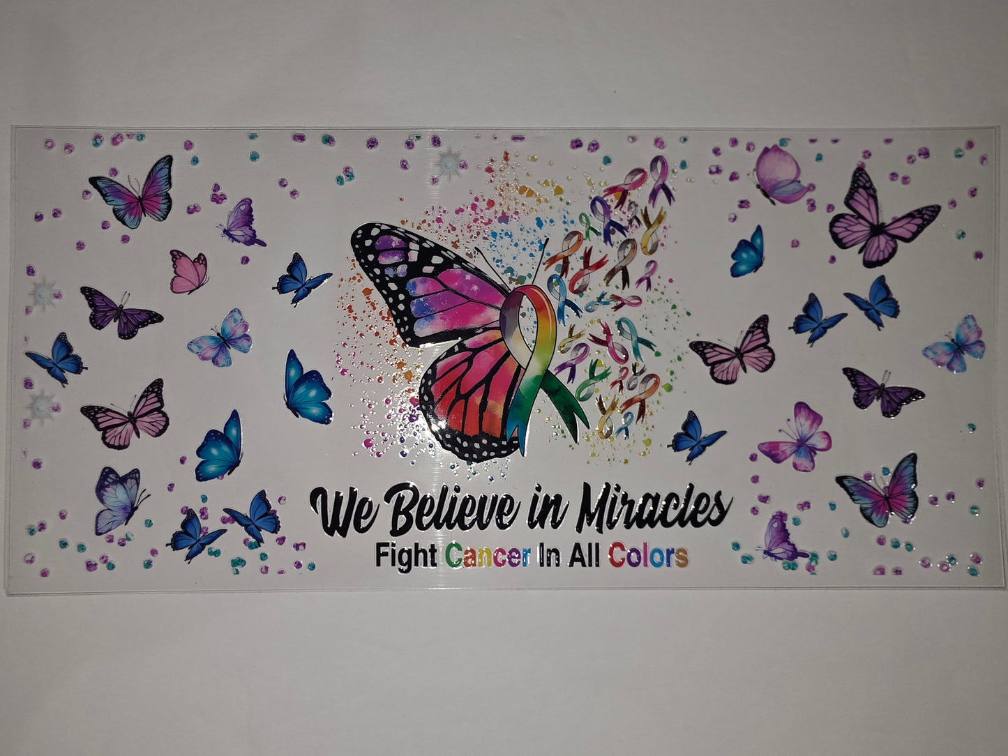 Butterfly & Ribbon Cancer Awareness Tumbler Wrap | Pink, Purple, Blue, Rainbow Colors