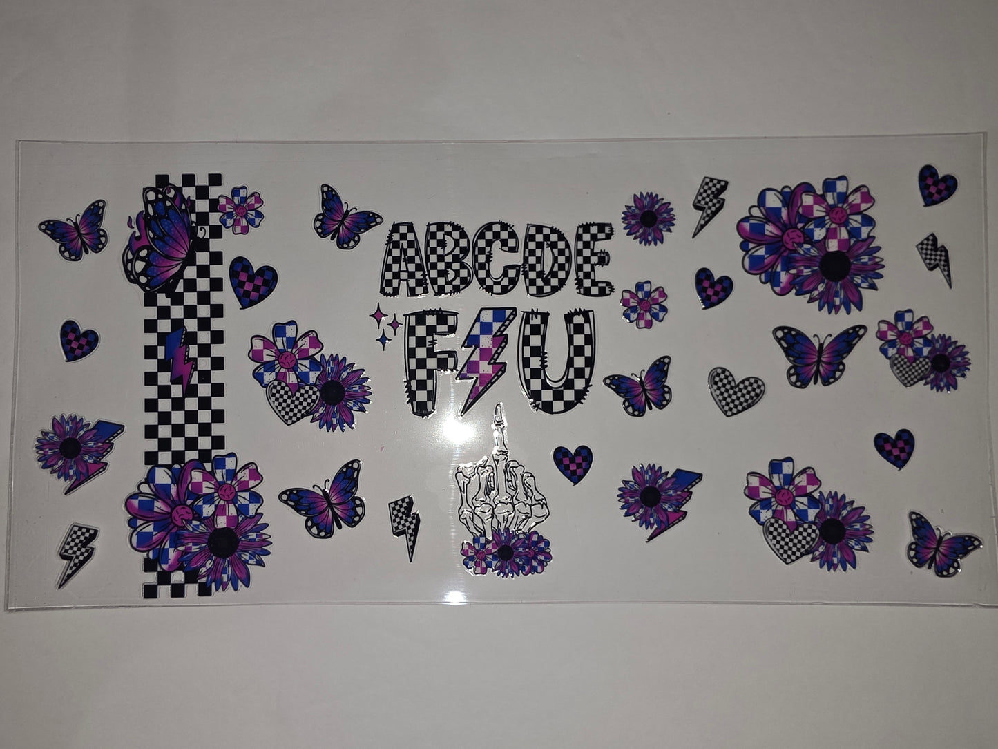 Checkerboard Butterfly & Flower Tumbler Wrap - Pink, Purple, Blue & Black