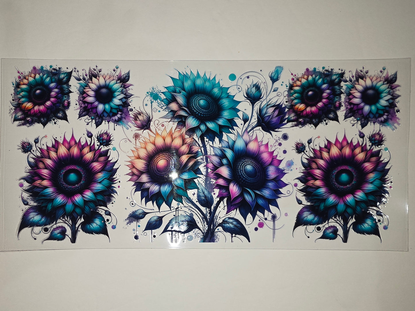 Vibrant Teal & Purple Watercolor Sunflower Tumbler Wrap - Floral Drinkware Design