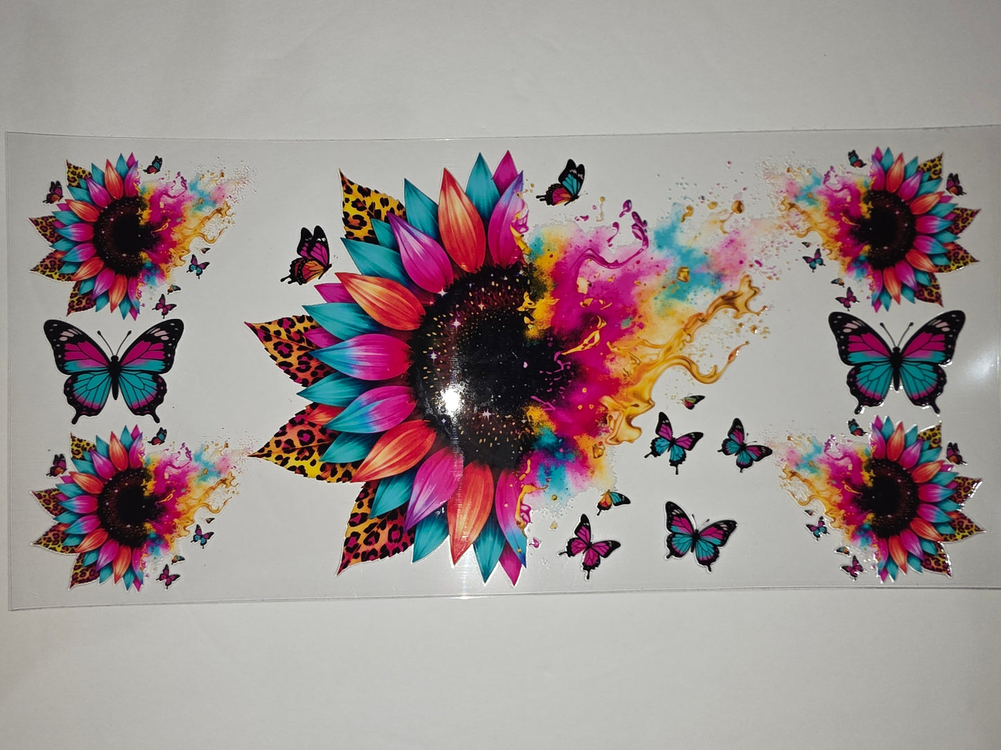 Vibrant Watercolor Sunflower & Butterfly Tumbler Wrap - Boho Leopard Print Accents