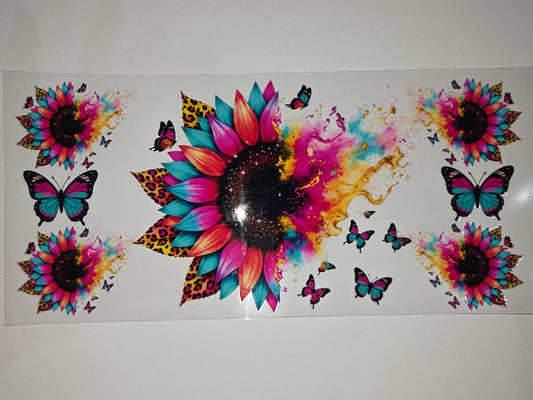 Vibrant Watercolor Sunflower & Butterfly Tumbler Wrap - Boho Leopard Print Accents