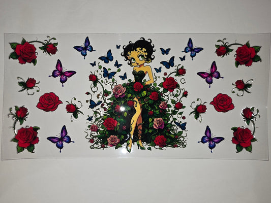 Betty Boop Rose & Butterfly Tumbler Wrap | Red Roses, Blue & Purple Butterflies | Vintage Cartoon Design