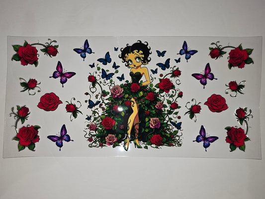 Betty Boop Red Rose Butterfly Tumbler Wrap - Vintage Cartoon Drinkware Decal