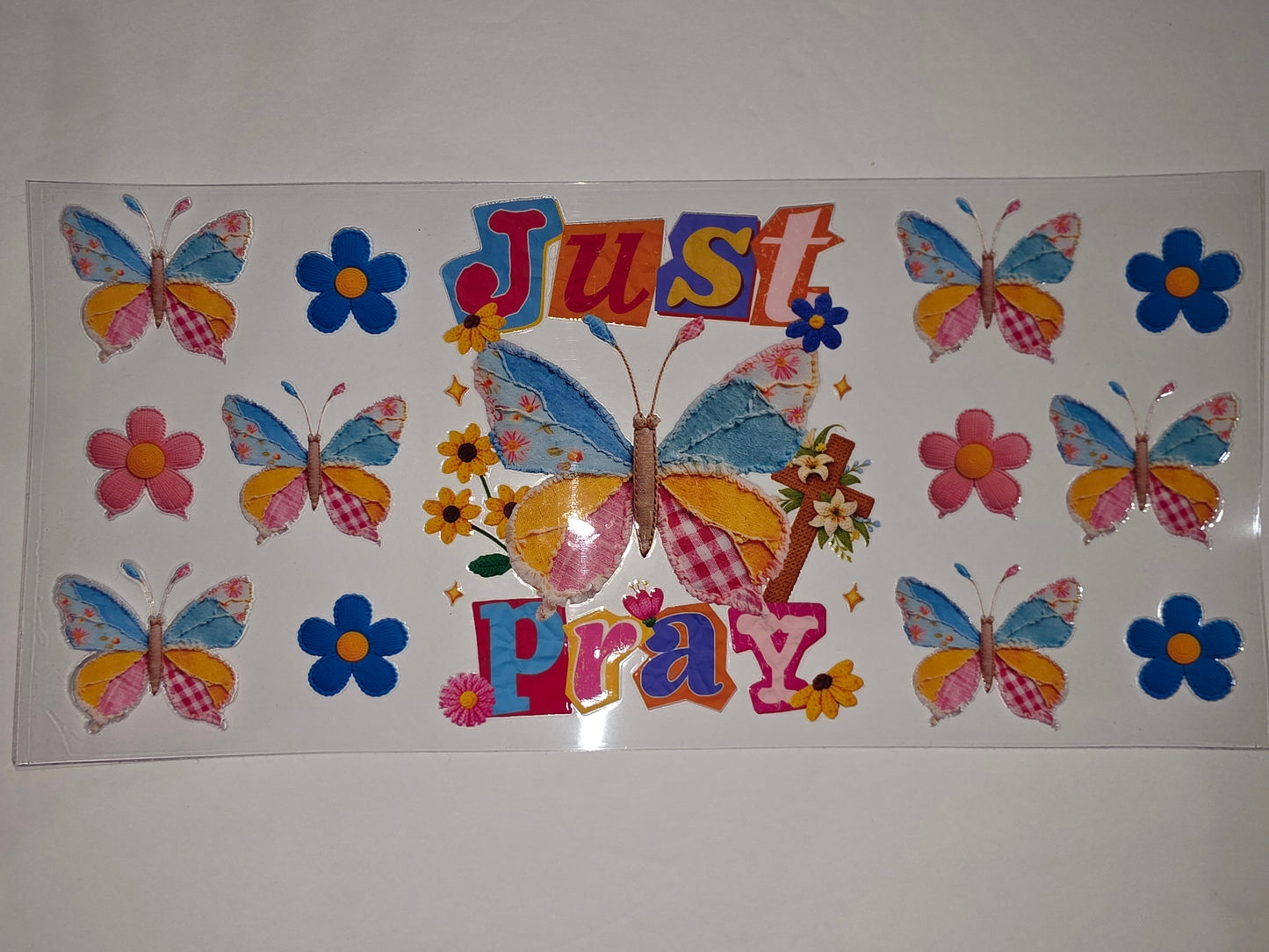 Just Pray Butterfly & Flower Tumbler Wrap | Religious Christian Design | Pink, Blue, Yellow