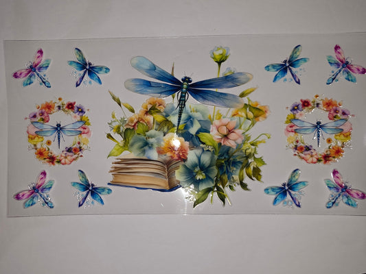 Whimsical Dragonfly & Floral Tumbler Wrap - Blue, Pink, Purple, Green - Sublimation Design