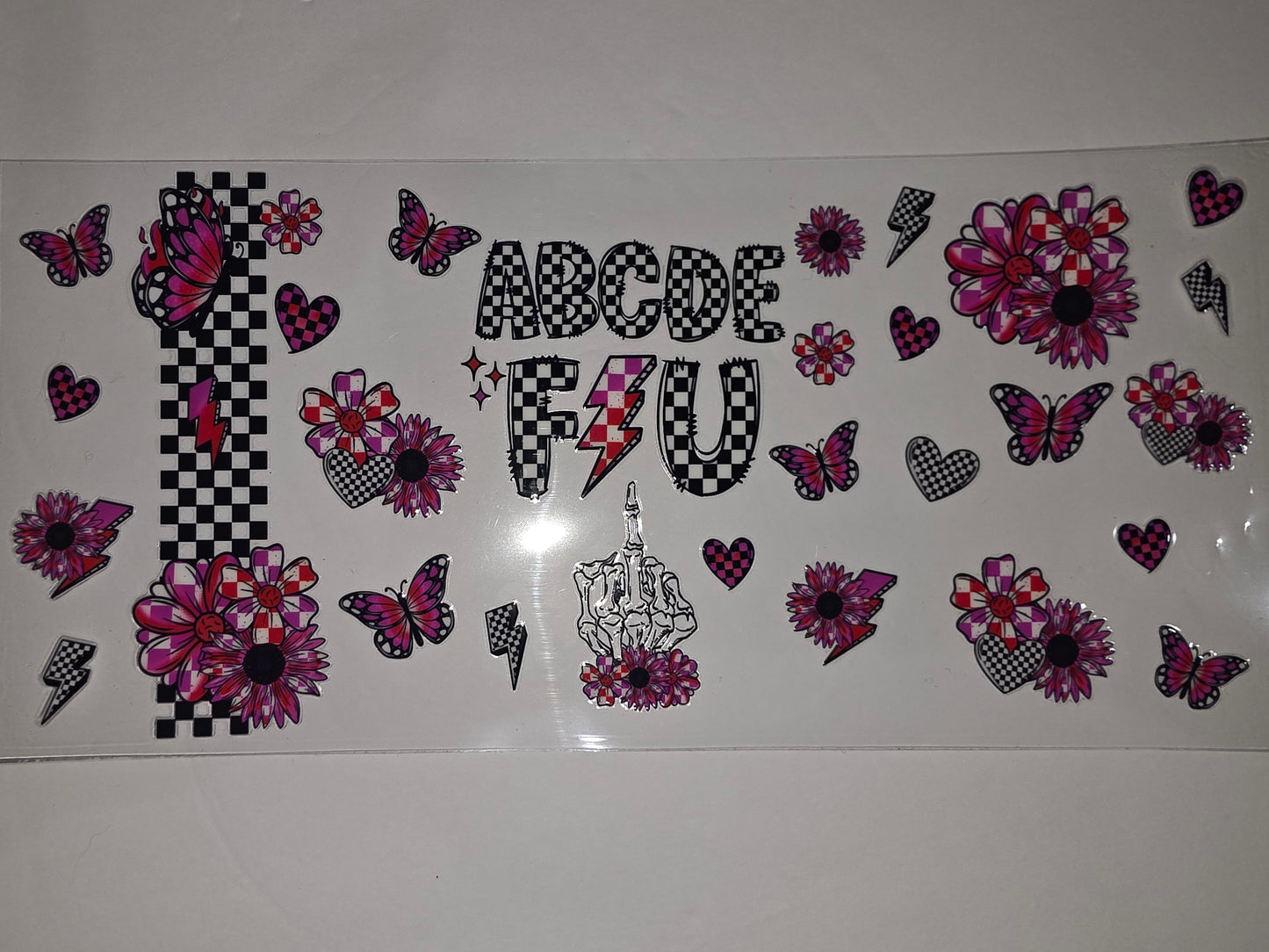 Pink & Black Checkerboard Butterfly Flower Tumbler Wrap - Y2K Aesthetic