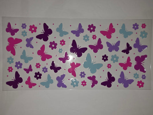Butterfly & Flower Tumbler Wrap - Pink, Purple, Teal - Sublimation Design