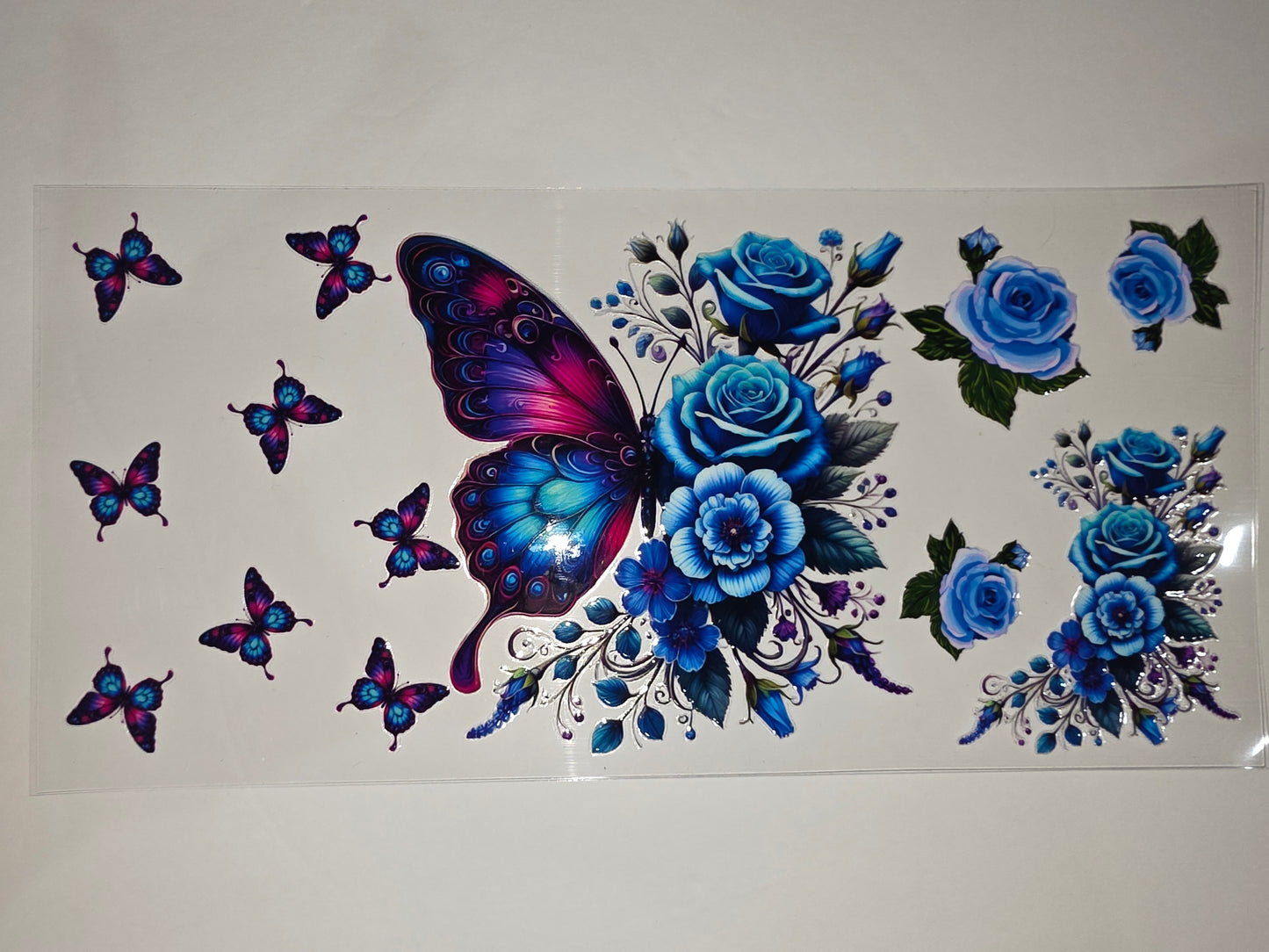 Vibrant Blue Rose & Butterfly Tumbler Wrap | Floral Butterfly Design for Cups