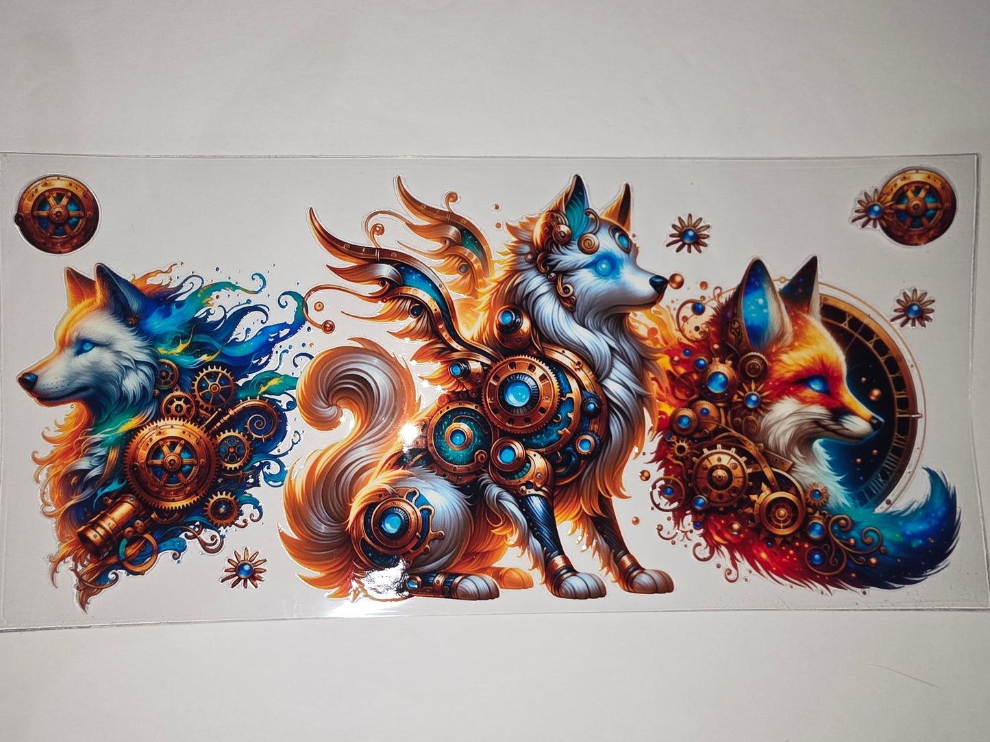Steampunk Fox & Wolf Tumbler Wrap - Gears, Blue & Orange Design