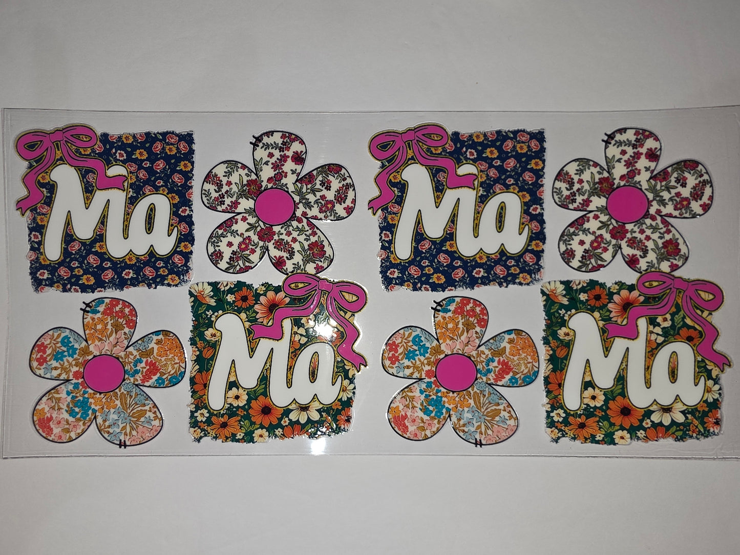 Retro Floral "Ma" Tumbler Wrap - Vintage Flower Design with Pink Bows