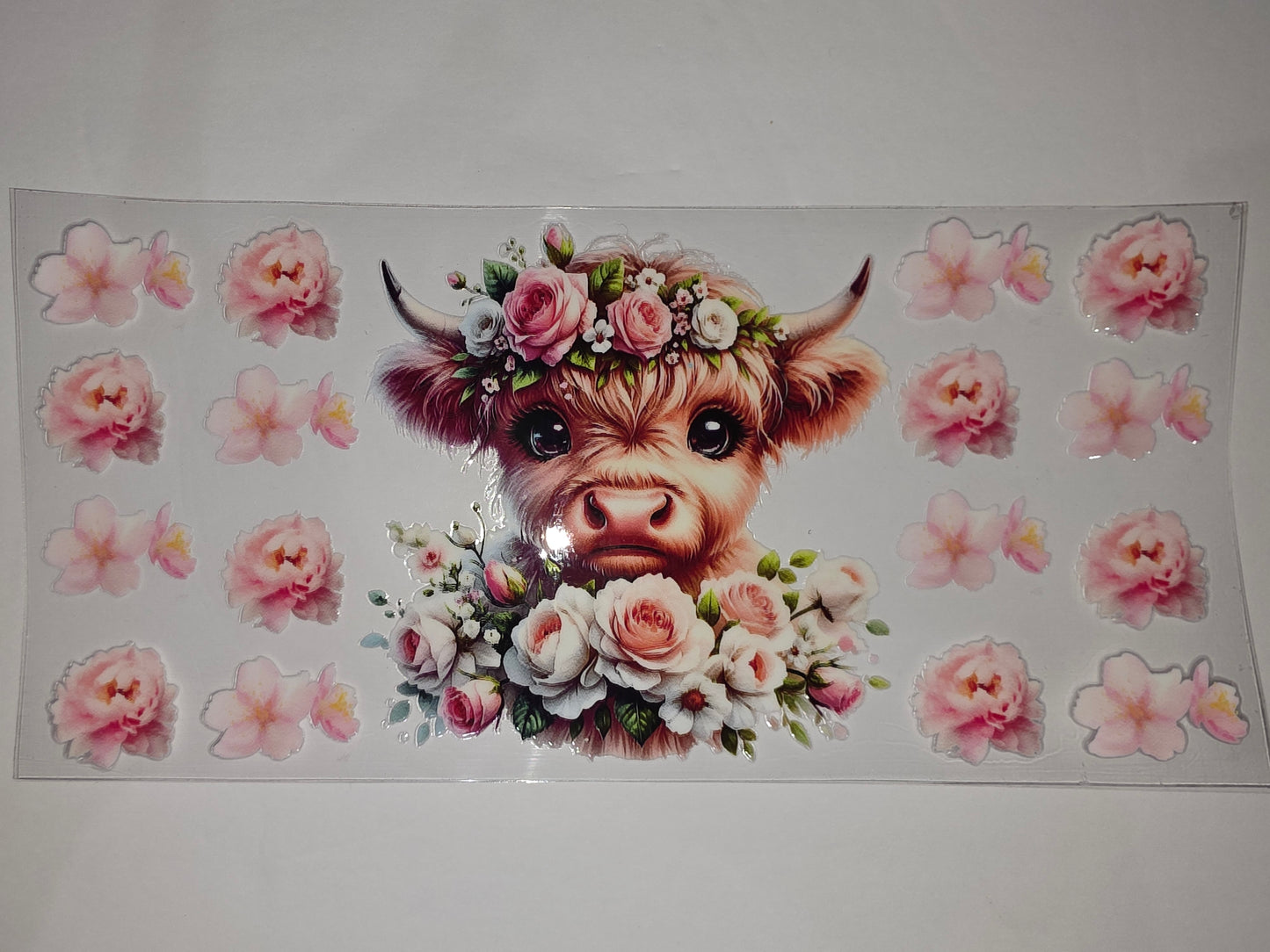 Highland Cow Floral Wreath Tumbler Wrap | Pink Roses & Cherry Blossoms | Cute Farm Animal Drinkware Design