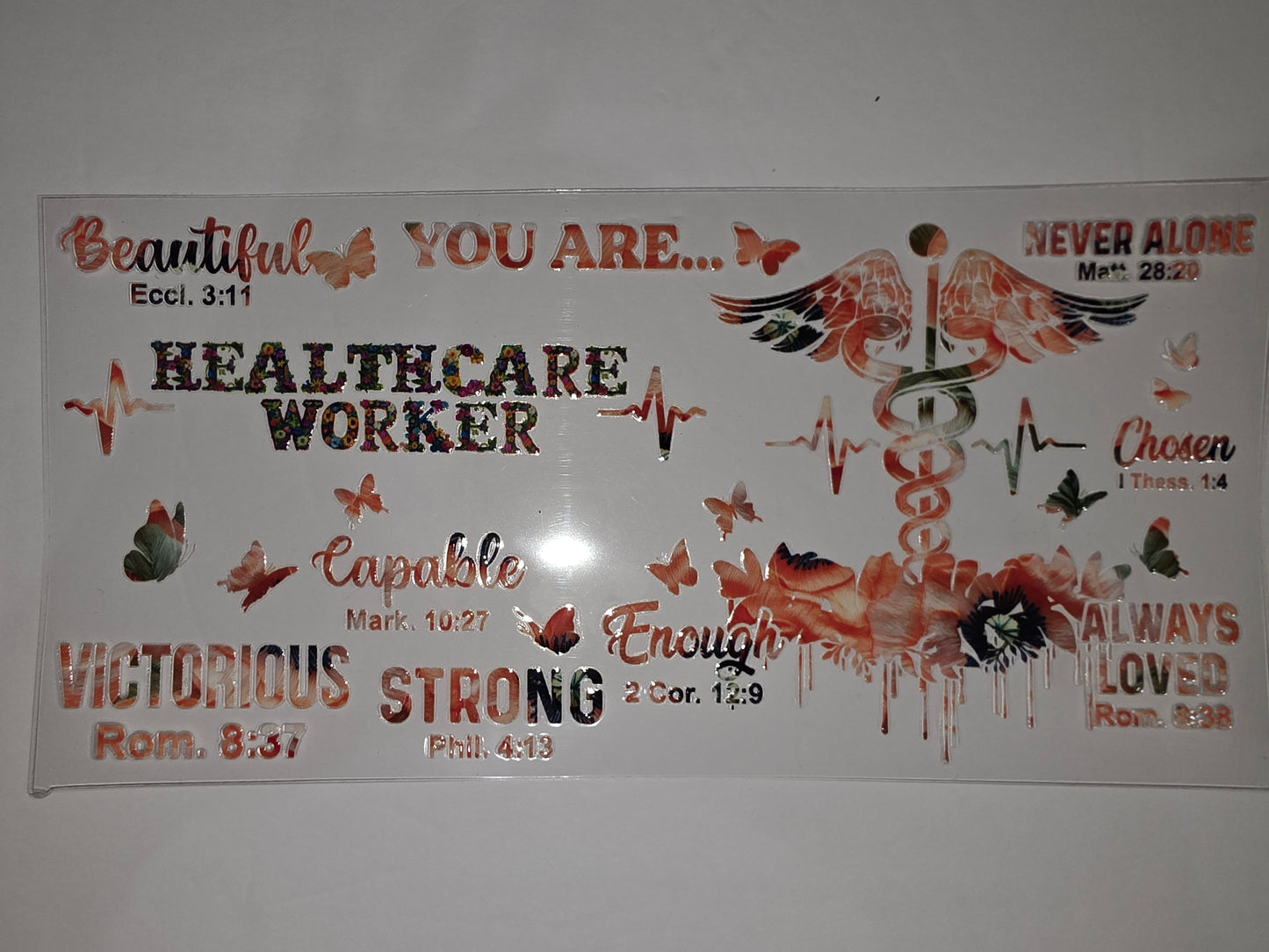 Inspirational Healthcare Worker Tumbler Wrap | Floral Caduceus & Butterfly Design