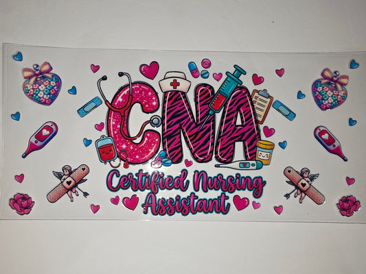 CNA Certified Nursing Assistant Tumbler Wrap - Pink Zebra & Medical Icons