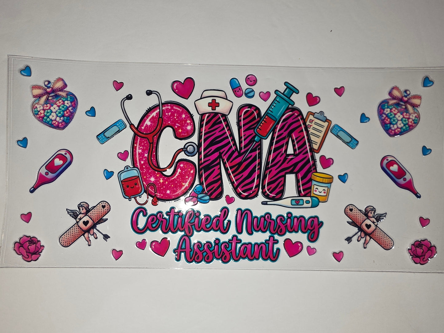 Cute CNA Certified Nursing Assistant Tumbler Wrap | Pink Zebra & Hearts Design